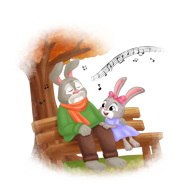Grandpa and Rosemary Rabbit sitting on a bench